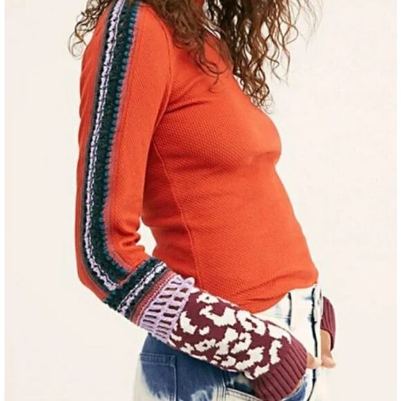 Free People Orange Boho “Switch It Up Thermal” Long Sleeve Knitted Top Size L - Picture 4 of 6
